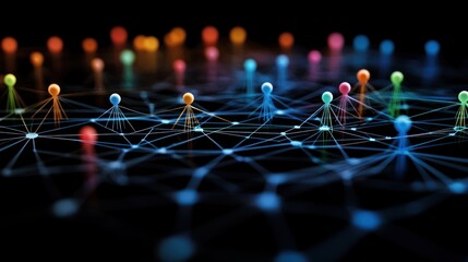 Poster - conceptual network illustration with colorful spheres representing nodes connected by lines symbolizing connections in complex system