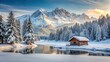 © Kitiphong - Winter landscape with a small alpine hut surrounded by snow-covered trees and frozen lake in front, frozen lakes, mountain scenery