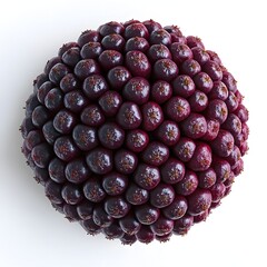 Poster - A detailed close-up shot of a spherical cluster of dark purple berries. The image showcases the texture and color of the fruit against a bright white background. Close-up of a Dark Purple EldBerry