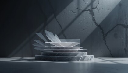 Poster - Dynamic abstract composition of layered glass plates studio setting still life minimalist environment dramatic lighting contemporary art concept