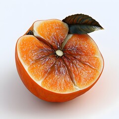 Poster - Close-up of a blood orange cut in half, showing its rich, segmented interior and a leaf. Sliced Fuyu
