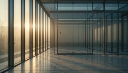Poster - Sunlit modern architectural space contemporary design interior photography minimalist environment perspective view serenity and elegance