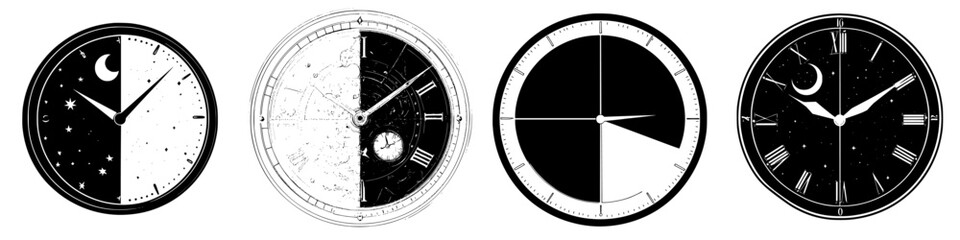 Poster - hand drawn vector clocks illustrating the passage of time from day to night in four unique designs