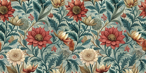  Elegant floral pattern with colorful sunflowers and intricate leaves on a teal backdrop.