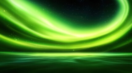 Poster - Vivid green auroral lights illuminate a dark starry night sky scene