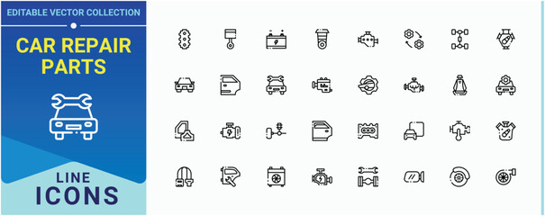 Car Repair Parts icon set. Includes symbols for auto, engine, automotive, element, automobile and more. Auto Parts icon set. Isolated icons. Editable vector. Pixel perfect.