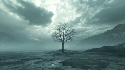 Wall Mural - A lone tree standing in the middle of a wasteland, showing hope.