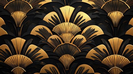 Poster - elegant art deco fan pattern in gold and black shades intricate design for luxurious backgrounds and visual storytelling in design projects