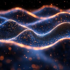 Poster - Abstract Digital Waves: Glowing Particles in Cosmic Dark Blue and Orange