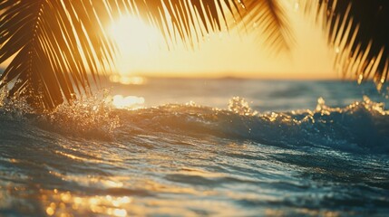 Wall Mural - golden sunset waves crashing beneath silhouetted palm fronds, creating a mesmerizing tropical seasca