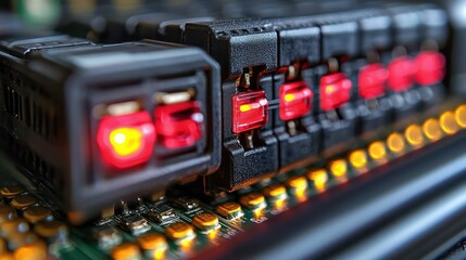 Poster - Close-up of illuminated electronic components on a circuit board, showcasing intricate details and vibrant red lights.