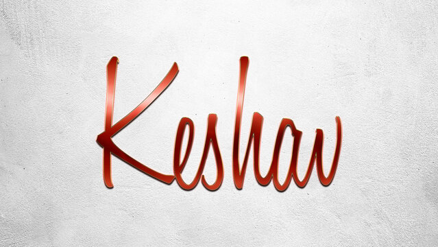 Red 3D text effect of Hindi name Keshav on silver background.