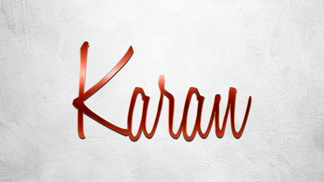 Red 3D text effect of Hindi name Karan on silver background.