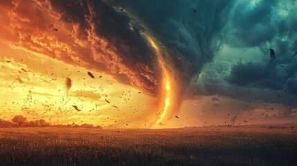 Wall Mural - A powerful tornado touching down in a rural field.