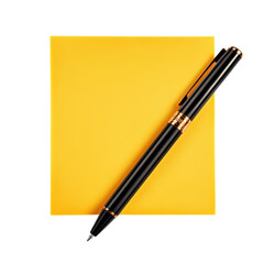 Poster - Pen resting on a bright yellow sheet of paper for writing, drawing, or creative expression in office environment isolated on transparent background..