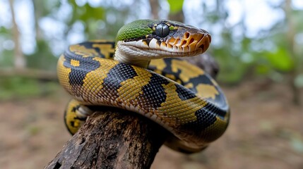Poster - Close-up of a yellow and black snake coiled around a tree branch in a forest. The snake has a green head and is sharply focused against a blurred background