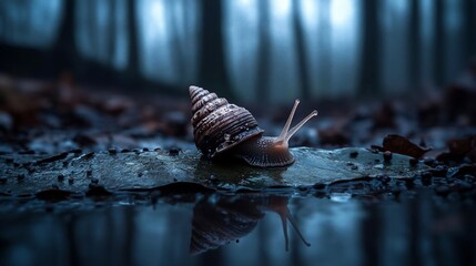 Aufkleber - Snail with spiral shell reflected in dark water, autumn leaves and dark forest background. Moody, atmospheric image with cool tones