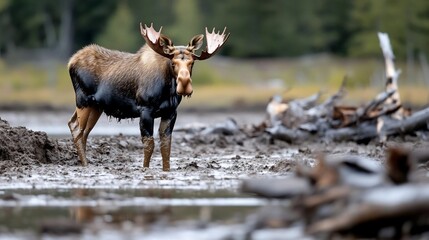 Aufkleber - A young moose stands in a muddy bog, surrounded by fallen trees and lush greenery.  The moose's dark brown fur contrasts with the muddy water and light brown background. The image has a natural