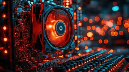 Poster - Illuminated PC Components: A Close-Up of a Computer's Internal RGB Cooling System