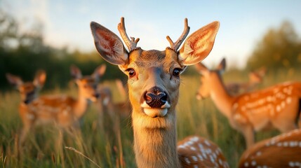 Aufkleber - A young deer with small antlers stares directly at the camera, surrounded by a herd of other deer in a grassy field at sunset. Warm, golden light illuminates the scene