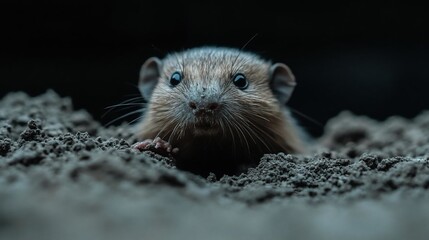 Poster - Close-up of a small rodent emerging from dark soil, its light brown fur and bright eyes contrasting against the shadowy background. The image has a moody, mysterious atmosphere