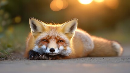 Poster - Red fox resting on the ground at sunset, illuminated by warm golden light.  The fox's fur is detailed, and its expression is calm and peaceful