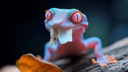 Poster - Close-up of a vibrant gecko with pink and blue scales, bright red eyes, and a piece of food in its mouth. It's perched on a dark brown wooden surface with a blurred background
