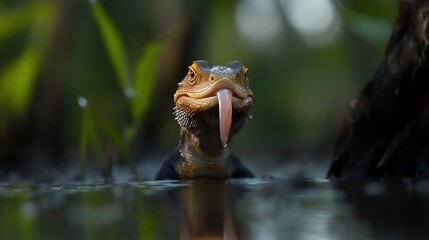 Poster - Close-up of a lizard with a long pink tongue sticking out, partially submerged in dark water with blurred green vegetation in the background. The lizard is mostly dark brown and gold