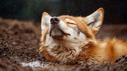 Poster - Reddish-brown wolf lying in dark mud, eyes closed, enjoying rain.  Close-up view, dark background