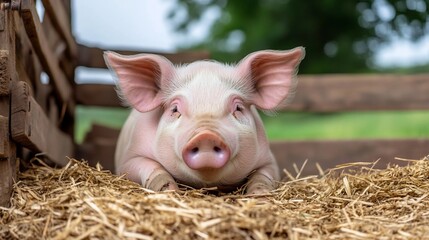 Aufkleber - A pink piglet rests in a pile of hay inside a rustic wooden enclosure.  Natural daylight illuminates the scene, showcasing the piglet's soft pink skin and the texture of the hay