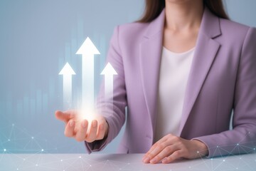 Poster - Businesswoman in a suit is holding increasing white arrows in her hand, symbolizing business growth, success, and achievement, with a technological background