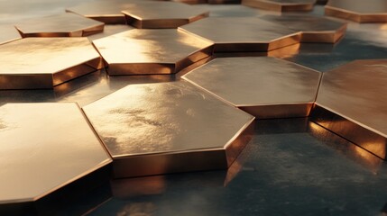 Poster - The abstract pattern features metallic hexagon tiles reflecting light