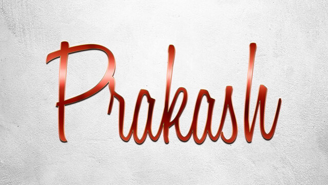 Red 3D text effect of Hindi name Prakash on silver background.