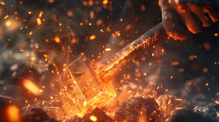 Aufkleber - A celestial blacksmith forging a weapon of pure light, cosmic fire cascading from his hammer with every strike, cinematic divine craftsmanship