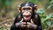 © Farkhanda - Happy laughing funny Chimpanzee portrait with hand fingers making different shapes.