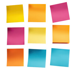 Poster - A colorful bunch of sticky notes in various sizes and colors stacked on a wooden desk for creative organization isolated on transparent background..