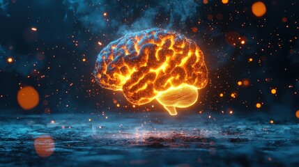 Poster - A luminous 3D brain floating in a digital environment with sparks of creativity