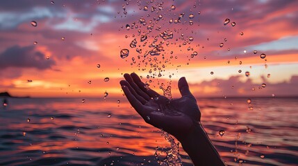 Poster - A magical moment captured--water droplets sparkling against a vibrant sunset backdrop, a hand stretching out in wonder
