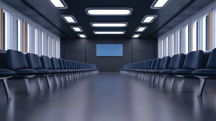 Certification ceremony in futuristic classroom, advancement banner above, 3D illustration