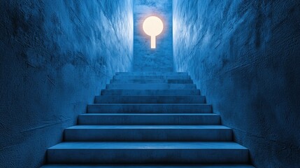 Poster - A modern architectural setting where a dimly lit staircase ascends toward a mysterious glowing keyhole-shaped doorway