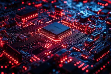 Poster - Close-up view of a circuit board illuminated by red lights showcasing modern technology in detail