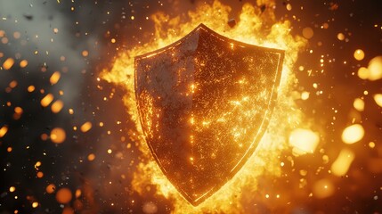 Poster - A strong, glowing shield enveloped in powerful orange flames, creating a dramatic protection symbol