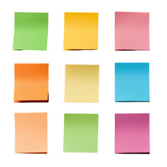 Poster - Practical set of sticky notes in assorted colors arranged neatly on a desk for easy access and organization isolated on transparent background..