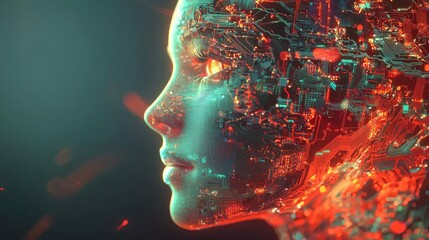 Aufkleber - A stylized digital brain and face hybrid with intricate AI chip details and light effects
