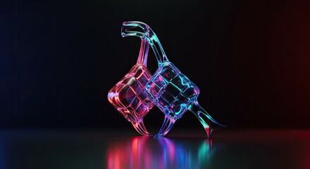Poster - Abstract Neon Geometric Shape Illuminated With Multicolor Lighting on Reflective Surface against Dark Backdrop