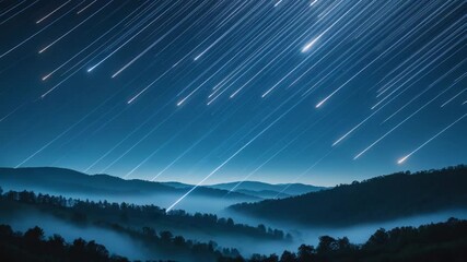 Wall Mural - meteor shower over the hills. glimmering trails of meteors in the night sky. landscape with shooting
