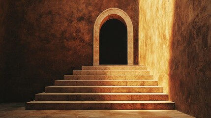 Poster - A surreal scene of a stairway illuminated by warm light, leading toward a distant keyhole-shaped entryway.