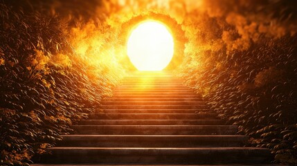 Poster - A surreal scene of a stairway illuminated by warm light, leading toward a distant keyhole-shaped entryway.