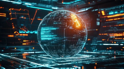 Aufkleber - A tech-driven 3D world sphere with wireframe elements and cyber-inspired lighting.