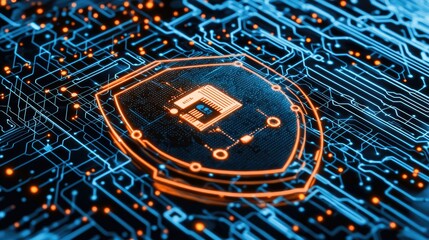 Poster - A technology-inspired shield with a vibrant data network background, highlighting cyber defense.